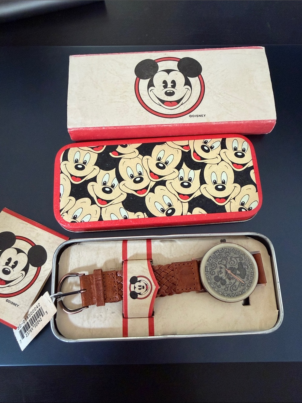 Vintage Disney Brown Braided Leather Strap Watch with Red Accents - collectible